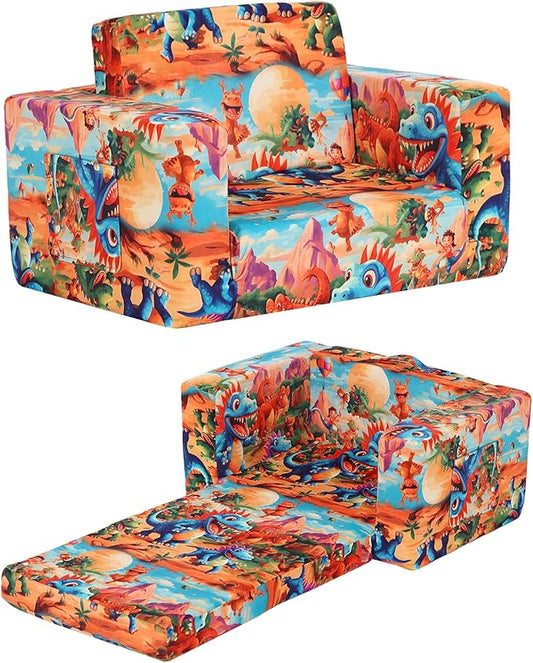Toddler Chair Kids Couch, 2-in-1 Toddler Soft Sherpa Couch Fold Out Armchair with Removable Cover, Convertible Reading Chair Toddler Sofa for Kids, Orange Dinosaur
