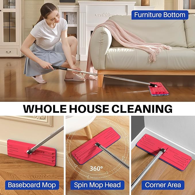JOYMOOP Mop and Bucket with Wringer Set, Hands Free Flat Floor Mop and Bucket, with 4 Washable Microfiber Pads, Wet and Dry Use, Floor Cleaning System - Black+Red+Slate Blue