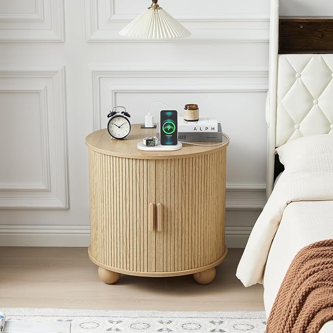 Farmhouse Round End Table with Charging Station, 24" Large Fluted Sofa Side Table with Sliding Tambour Door & Storage, Mid-Century Wood Nightstand for Living Room, Bedroom (Natural)