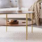 Round Coffee Table, Mid-Century Modern Design, D30 x H17, for Living Room, 2-Tier Structure, Amber Glass Top and Walnut MDF Shelf, Sleek Conical Metal Legs with Gold Finish