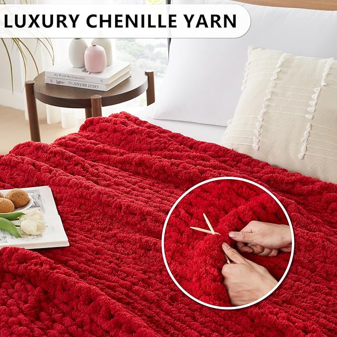 L'AGRATY Chunky Knit Blanket Throw - Soft Chunky Throw Blanket 30x40: 100% Hand Kintted Chenile Crochet Blanket Large Cable Knit Chunky Blanket - Rope Knot Throw Blanket for Couch Home Decor(Red)