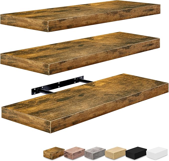 Sorbus Floating Shelves for Wall - 24" Bathroom Shelves, Wall Decor for Bedroom, Kitchen, Living Room, Home Decor & Book storage - Mounted Floating Shelf with Invisible Brackets (Rustic Brown, 3 Pack)