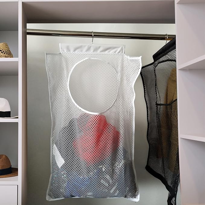 Hanging Mesh Laundry Hamper (30in*20in*2in) Large Dirty Clothes Bag, Can Be Used Behind The Door & Closet & Caravan& Bathroom (White)