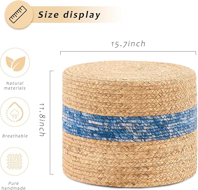 Handwoven Water Hyacinth Ottoman Pouf, Round Outdoor Footstool with Sturdy Frame, No Assembly Needed, Boho Accent Stool for Indoor & Outdoor Use – Patio, Balcony, Living Room (Blue)