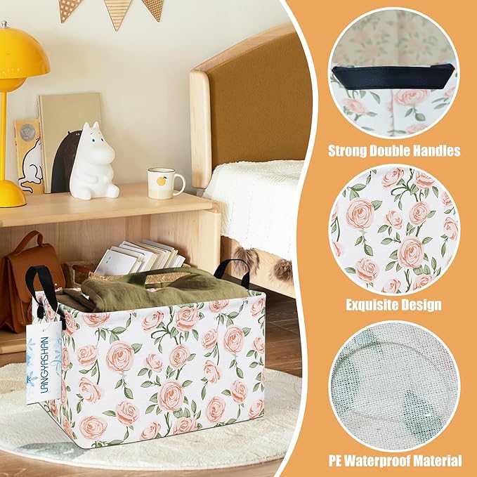 LANGYASHAN Rectangular Storage Bin Collapse Canvas Fabric Cartoon Storage Basket with Handles for Organizing Home Kitchen Boys and Girls Toys Office Closet Shelf Baskets (Rec Champagne Rose)