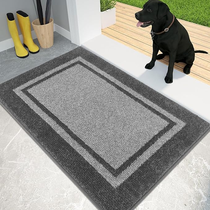 PURRUGS Dirt Trapping Door Mat 20" x 32", Non-Slip/Skid Machine Washable Entryway Rug, Shoes Scraper, Area Rug, Super Absorbent Welcome Mat for Muddy Wet Shoes and Paws, Light Grey & Dark Grey