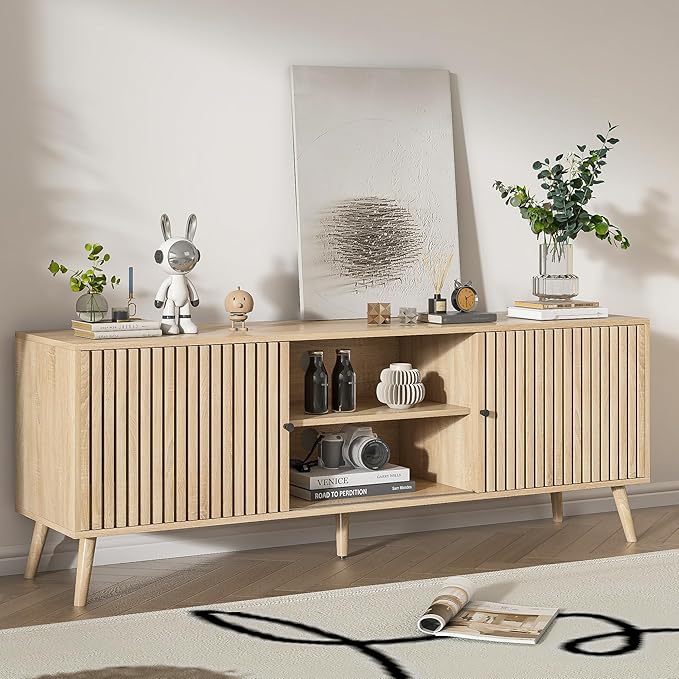 Mid Century Modern TV Stand for Televisions up to 70 Inches, with Sliding Doors and Storage, Television Stands, TV Consoles, Media Consoles for Living Room, 63 Inch (Natural)