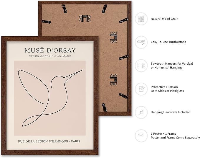 Poster Master Vintage Poster - Retro One Line Hummingbird Drawing Print - Bird Line Art - Minimal Gift for Him, Her, Animal Lover - Abstract Decor for Home, Office, 16x20 Brown Framed