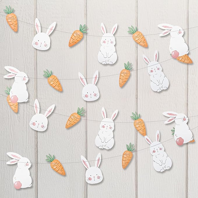 Cheerland Bunny Garland Party Decorations Cute Rabbit Carrot Banner Hanging Streamer for Girls Kids Birthday Baby Shower Classroom Home Office Decor Easter Garden Animal Tea Parties Supplies 2pcs