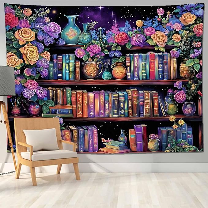 keowhsf Pink Purple Flower Bookshelf Wall Tapestry Colorful Tapestries for Bedroom Aesthetic Floral Tapestry Wall Hanging Cute Girl Bedroom Decor