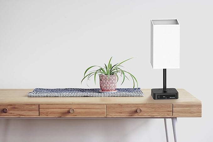 Bedside Table Lamp with Touch Control & USB C+A Charging Ports LED Desk Lamp with 2 AC Outlets, Minimalist Nightstand Light with Black Fabric Shade for Bedroom, Living Room, Office, White