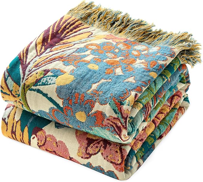 MSGKV Boho Throw Blanket for Bed Twin Size Cotton Muslin Breathable Vine Blanket 60"x80" Sofa Couch Blankets for All Seasons Lightweight Farmhouse Blankets Boho Home Decor