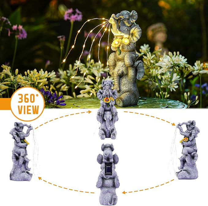 Solar Garden Decor Elephant Statue Outdoor, Luck Triple Elephant Decorations for Yard Porch Lawn Patio - Ideal Gifts for Women Mom Grandma Senior Elder or Birthdays 12"