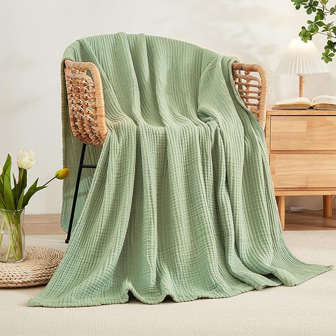 EMME Cotton Throw Blanket for Couch Soft Airy Muslin Bed Blankets Lightweight Breathable Blanket All Season Gauze Blanket, Sage Green