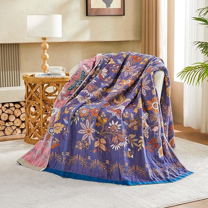 Boho Blanket, 100% Cotton Farmhouse Decorative Throw Blanket, 80"x90" Reversible Bohemian Throw Blanket, Purple All Season Muslin Breathable Woven Blankets Quilt