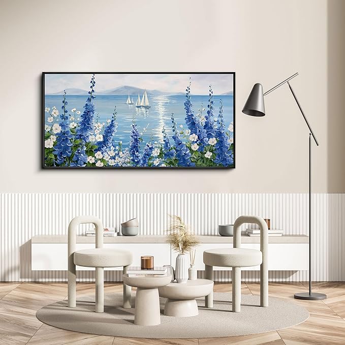 XLSJERST Sailboat Wall Art - Blue Canvas Abstract Painting Textured Picture Artwork Vintage Nautical Flower Painting Coastal Modern Print 20"x40" Frame for Living Room Bedroom Office Home Decoration