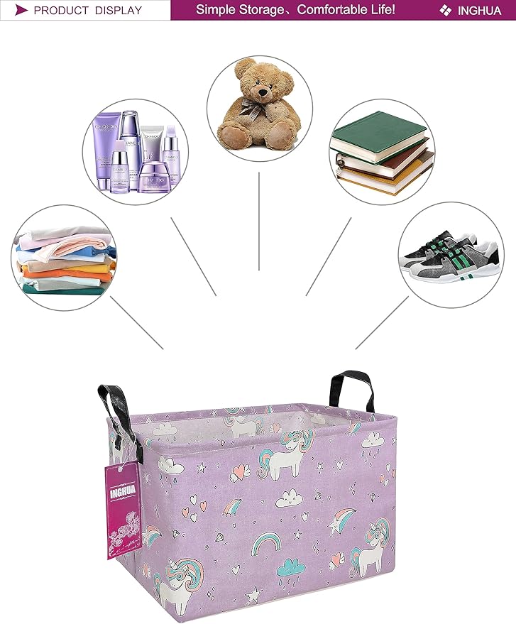 Rectangular Storage Basket Fabric Organizer Bin for Toys,Books,Clothes,Gifts,Pets-Perfect for Home,Office,Nursery,Dorm,Shelf(Rec-Unicorn)