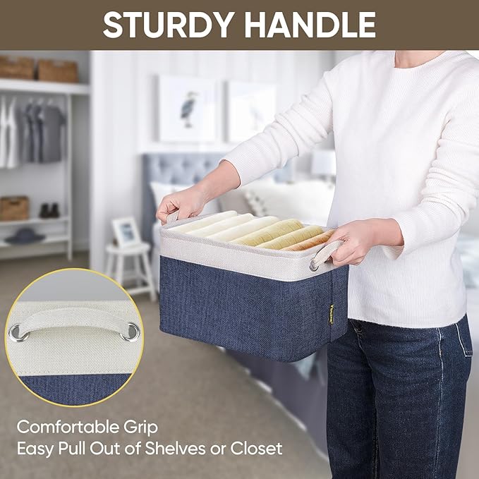 BALEINE 4 Pack Fabric Storage Bins for Shelves, Linen Storage Baskets for Organizing, Decorative Closet Bins for Clothes, Home (Navy Blue, 12"x8"x8")
