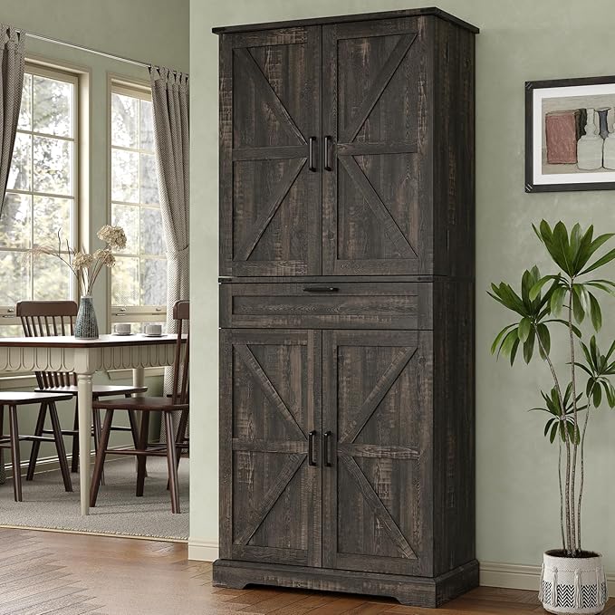 72'' Kitchen Storage Pantry Cabinet, Tall Storage Cabinet with 8 Door Shelves, 2 Cabinets and 1 Drawer, Freestanding Cupboard for Kitchen, Dining Room, Bathroom, Laundry, Living Room, Dark Rustic Oak