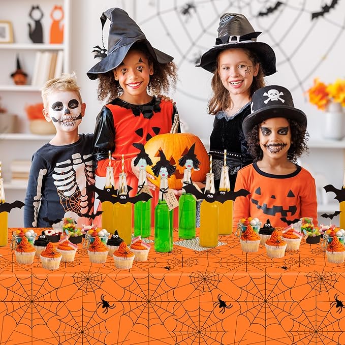 2 Pcs Halloween Tablecloth - Plastic Halloweens Spider Webs Table Cloth, Orange Disposable Rectangle Spiderweb Table Cover for Halloween Party Decorations Supplies Favors Tables Decor, 108 x 54 Inch