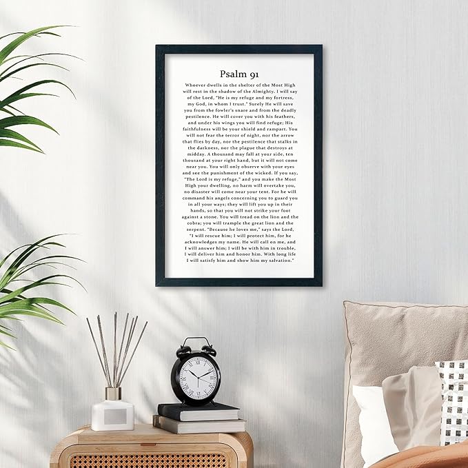 LuZhiQiang Psalm 91 Scripture Wall Art 16"×11" Bible Verse Christian Inspirational Sign Wood Framed Wall Hanging Decor (Black)