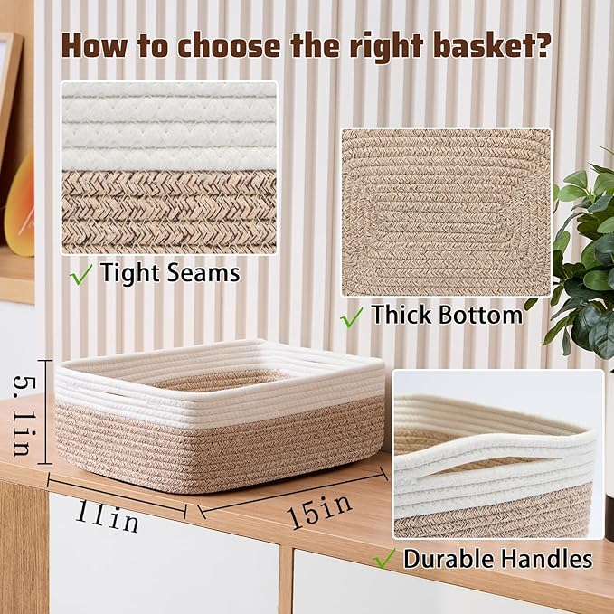 Large Shallow Organizing Baskets 15x11x5.1 Inches - Rope Woven Storage Bins for Bathroom, Shelves, Cube Closet, White Mixed Brown 2 Packs