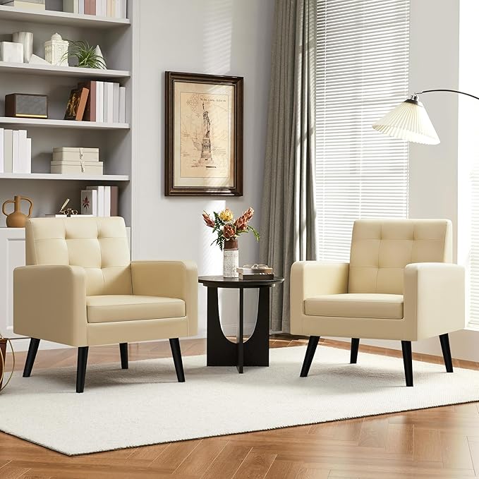 Yaheetech Mid-Century Accent Chairs, PU Leather Modern Upholstered Living Room Chair, Cozy Armchair Button Tufted Back and Wood Legs for Bedroom/Office/Cafe Beige 2PCS