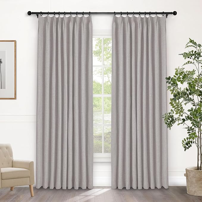 Macochico 52”Wx96”L 100% Blackout Curtains for Bedroom Living Room Nursery Browish Grey Pinch Pleated Linen Curtains Farmhouse Burlap Drapes Thermal Window Panels with Hooks and Tieback 1 Panel