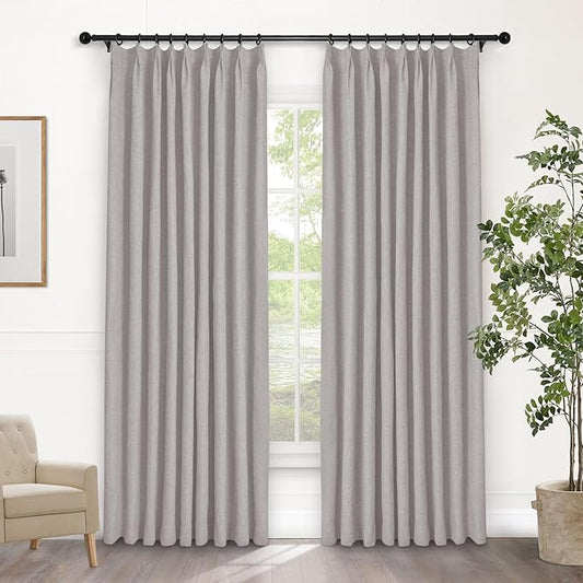 Macochico Pinch Pleated Full Blackout Curtains for Bedroom Living Room Browish Grey Linen Curtains Thermal Insulated and Noise Reducing Window Panels with Tieback Shabby Chic Decor 84”Wx84”L 1 Panel