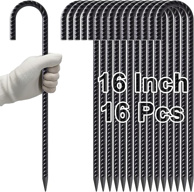 VVOKGO Rebar Stakes 16 Inches J Hook Heavy Duty Chain Link Fence Stakes, 16 Pcs Metal Long Tent Spikes Ground Anchors for Wire Fencing, Dogs Digging, Camping Tents, Swings, Greenhouse, Black