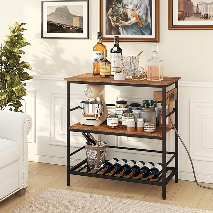 IBUYKE Kitchen Island with Storage, Bakers Rack with Power Outlet,Microwave Stand with Large Worktop,Rolling Bar Cart for Home, Outdoor, Kitchen,Rustic Brown and Black TMJ029H