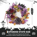 GarveeHome 18 Inch Halloween Wreath, Halloween Garland with Artificial Roses & Spiders, Indoor Outdoor Holiday Accent Decoration for Front Door Porch Wall Home Party Window, Red & Purple