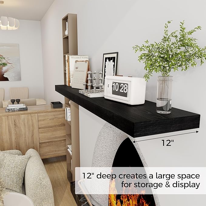 Black Floating Shelves 55 Inch Long, 12 Inch Deep Floating Shelves for Wall, 55 x 9 Large Floating Shelf for Fireplace Mantel, 2" Thicked Wall Shelves for Living Room, Bedroom Storage, 1 Pack