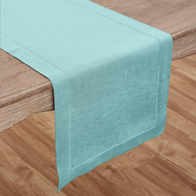 Solino Home Linen Aqua Blue Table Runner 108 Inches Long - 100% Pure Linen Hemstitch 14 x 108 Inch Table Runner for Dining - Classic Hemstitch