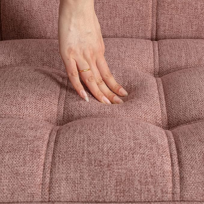 48" Small Loveseat Sofa, Modern Linen Fabric Mini Sofa Couch 2-Seater Love Seat with Quilting Backs and Wood Legs for Living Room, Bedroom and Small Space, Pink