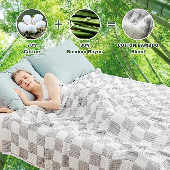 EMME Checkered Cotton Queen Size Bed Blanket, 80"x90", Lightweight Breathable Cooling All Season Gauze, Light Grey