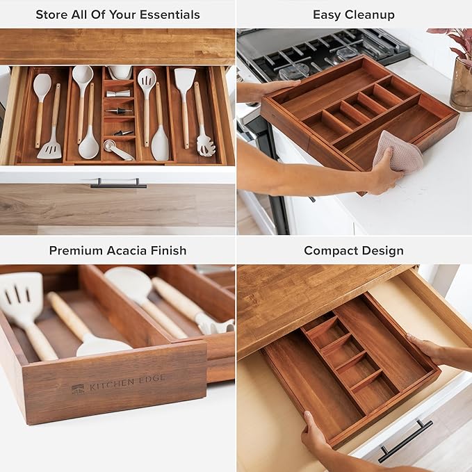 Adjustable Kitchen Drawer Organizer for Utensils and Junk, Food-Safe Contract Grade with 100% Sustainable Wood, Non-Slip, Expandable from 16" to 28" Wide - Natural Acacia