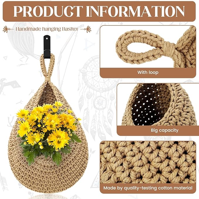 Wall Hanging Baskets for Organizing - 3 Pack Hanging Fruit Basket with 6 Pcs Strong Hooks, Handwoven Onion Storage Teardrop Home Onion Basket for Fruits Vegetable Potato Kitchen Storage(Light Linen)