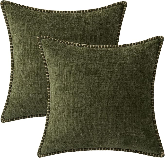 MIULEE Pack of 2 Couch Throw Pillow Covers 24x24 Inch Olive Green Farmhouse Decorative Pillow Covers with Stitched Edge Soft Chenille Solid Dyed Spring Pillow Covers for Sofa Bed Living Room