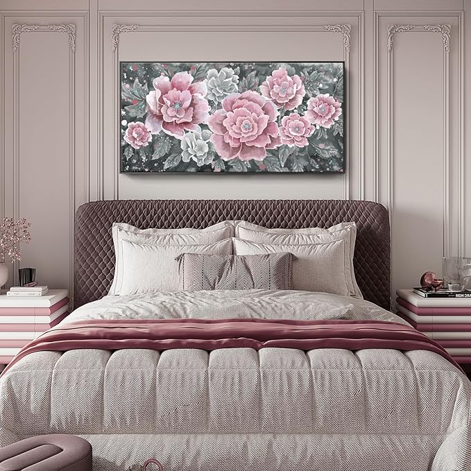 Oversized Framed Wall Art, Pink Flower Canvas Print Modern Pink & Grey Peony Blossom Artwork Extra Large Wall Picture Floral Decor for Living Room Bedroom Dining Room Office Home Decor