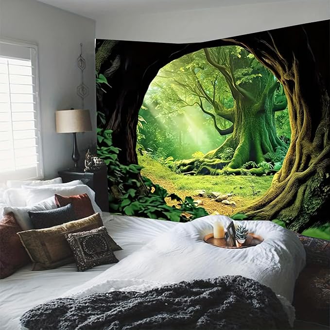 FENDROM Tree Cave Tapestry,Misty Forest Fairy Tale Wall Hanging Natural Jungle Sunshine Through Scenery Aesthetic tapestries for Living Room Bedroom Office Spring Decoration