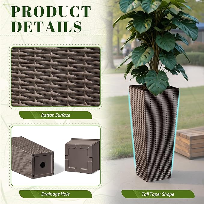 JUMMICO Set of 2 Resin Rattan Tall Planters for Outdoor Plants, Large Tapered Planters with Drainage Holes&Inner Trays, Flower Pots for Garden, Patio, Porch, Backyard (Brown, 24'')