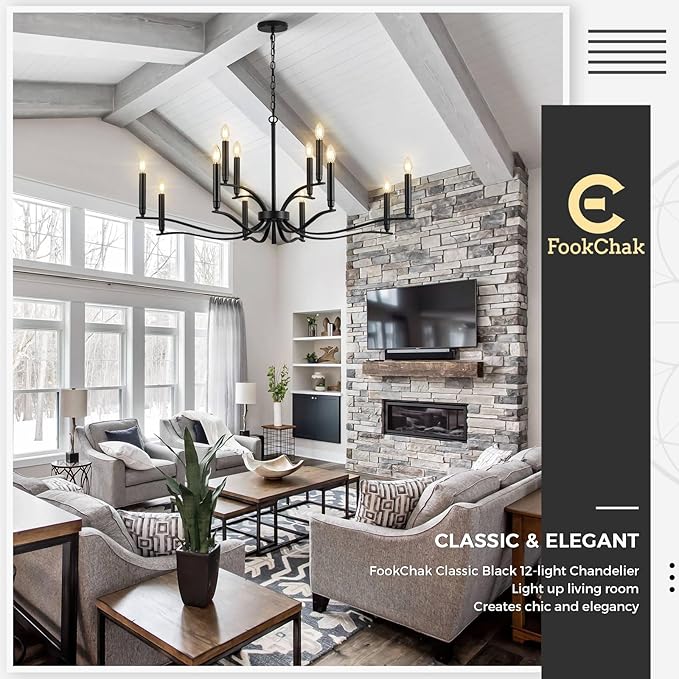 Black Living Room Chandelier 12 Light Hight Ceiling Foyer Candle Chandelier Large Dining Room Light Fixture Over Table 44in Metal Modern Chandeliers Hanging Light for Entry Master Bedroom