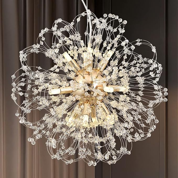 Modern Dandelion Chandelier, Sputnik Crystal Beaded Ceiling Lamp with Gold Finish, Round Sunflower Pendant Light Fixtures for Dining Room Bedroom Foyer Farmhouse (Gold 12Lights)