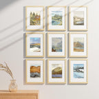 Vittanly 9x12 Picture Frames Set of 9, Shatter Resistant Plexiglass, Display 6x8 Pictures with Mat or 9x12 without Mat, Photo Frames for Wall or Tabletop, Engineered Wood, OAK