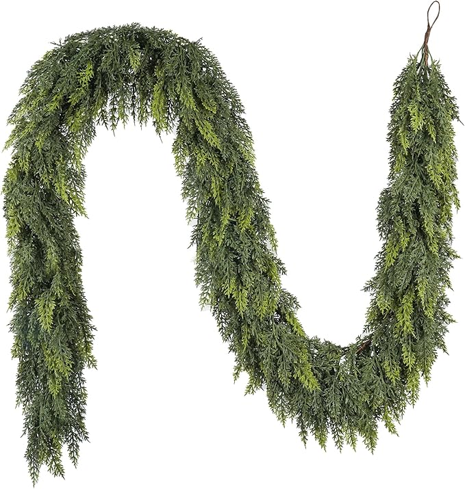9 ft Christmas Garland, Cedar Garland, Real Touch Cypress Garlands, Green Artificial Greenery Garland for Mantel Indoor Outdoor Christmas Decorations