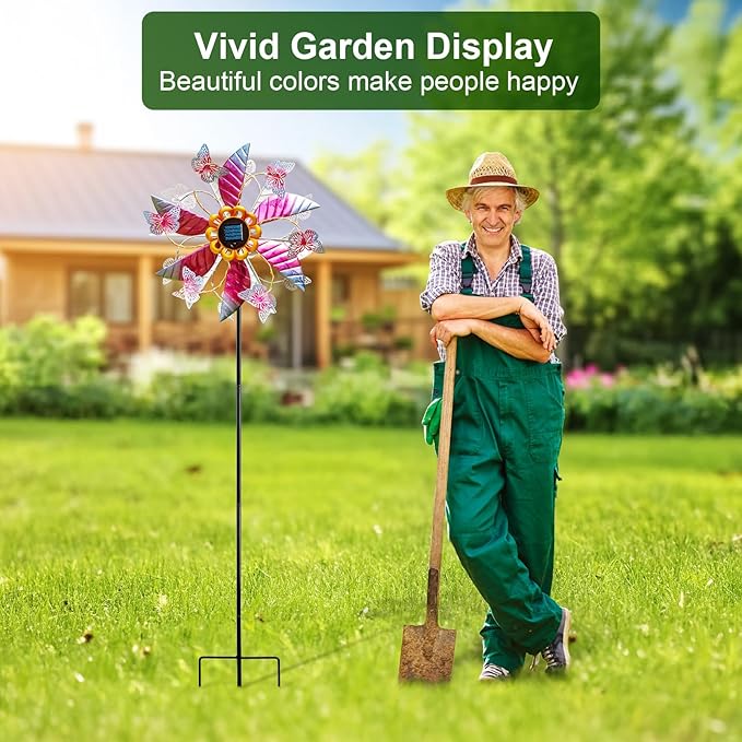 Solar Wind Spinners for Yard and Garden - 61.5 Inch 360° Metal Large Wind Sculptures Outdoor Clearance Kinetic Windmills with Vine String Shining LED Lights for Patio, Lawn Garden Decoration
