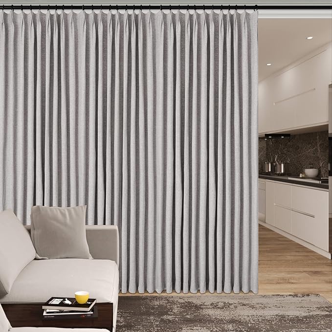 100% Blackout Linen Textured Drapes for Bedroom Pinch Pleated Curtains for Track System Portable Drapery for Sliding Glass Door/Storage/Space Room Divider, 70" Wx102 L, 1 PC, Browish Grey