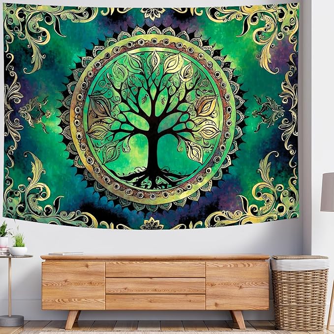 Delur Tree of Life Tapestry Green Nature Bohemian Mandala Spiritual Tapestry Wall Hanging Mystical Landscape Hippie Psychedelic Headboard for Bedroom Living Room Home Decor (70.8" x 92.5")