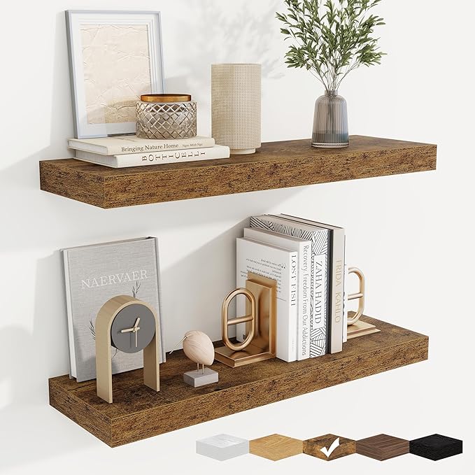 fuqing Floating Shelves for Wall, Bathroom Shelf Wall Mounted for Storage, Shelves with Invisible Bracket for Bedroom, Kitchen, Living Room, Farmhouse Small Book Shelf, 24 Inch Set of 2, Rustic Brown